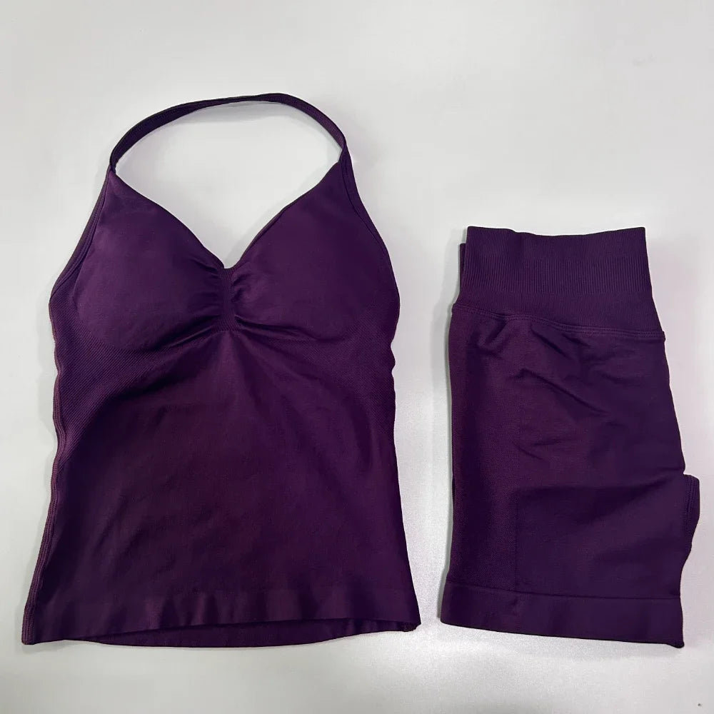 2 Pieces Sports Set Women Backless Tank Yoga Tops High Waist Scrunch Seamless Shorts Sport Gym Set Sportswear Workout Set