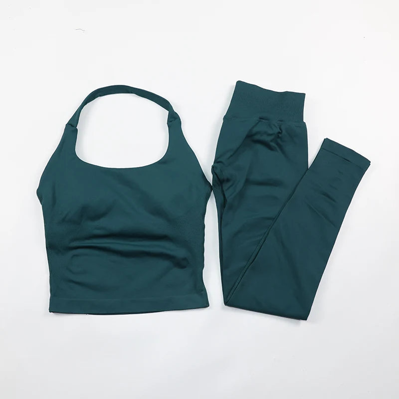 Women's Halter Neck Backless Yoga Set Seamless 2-Piece Outfit Ribbed High-Waist Scrunch Shorts Butt Lifting Gym Pilates Fitness