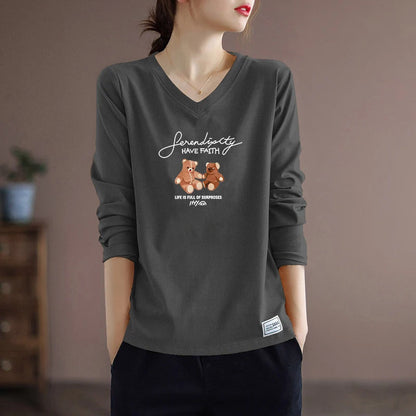 Pure Cotton Long Sleeve Women's T-shirt Autumn Season Versatile Base Layer Top Commute Style Loose Fit Regular Thickness