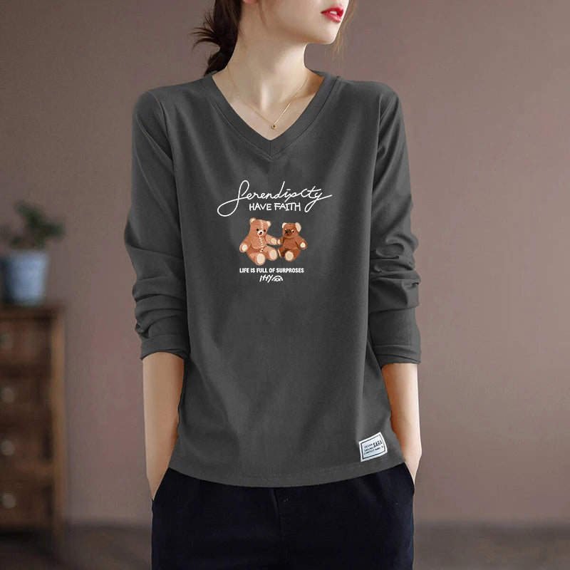 Pure Cotton Long Sleeve Women's T-shirt Autumn Season Versatile Base Layer Top Commute Style Loose Fit Regular Thickness