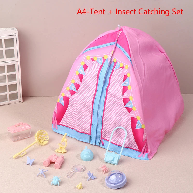Hot-1/12 Dollhouse Simulated Tent Camping Kit Dollhouse Outdoor Picnic Camping Decor Micro Scene Photo Props Pretend Play Toys