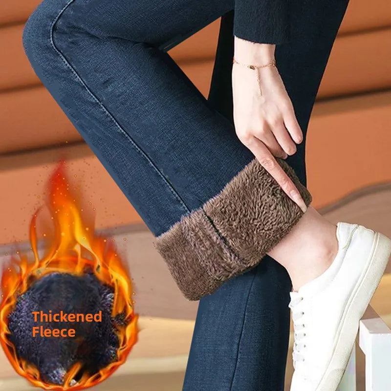 Women's High Waist Fleece Lined Thickened Denim Look Wide Leg Pants Autumn Winter Warm Casual Trousers Fashionable Long Pants