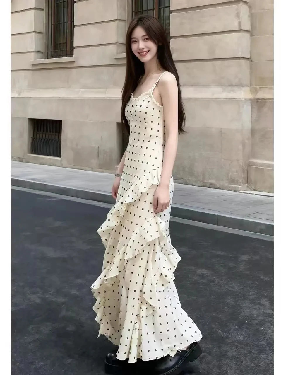 Black Suit And Polka Dot Dress Two-Piece Set for Women Early Spring Fashion Slimming Effect Ribbon Detail Long Sleeve Button-Up