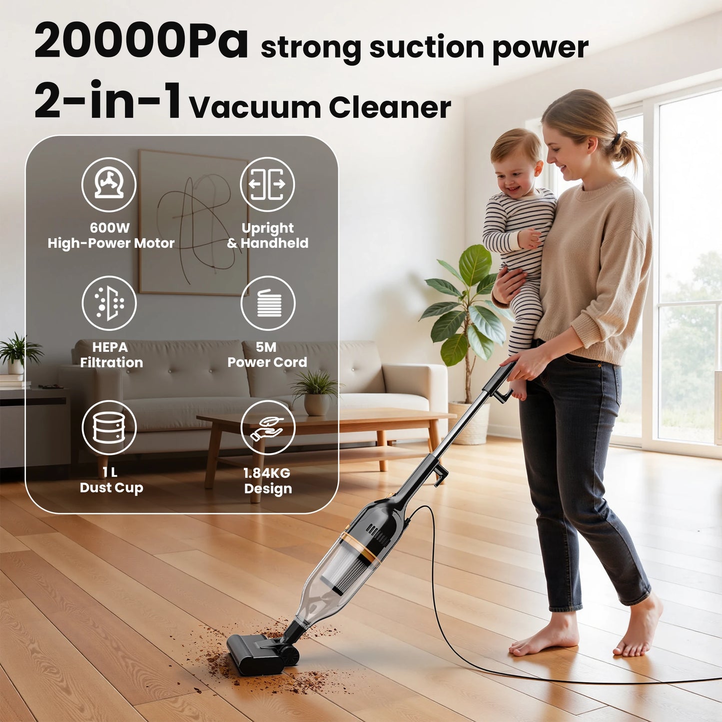 INSE R7 Corded Vacuum Cleaner 600W Powerful Handheld Stick Vacuum 3 in 1 Lightweight Vacuum Cleaners for Carpet Floor Pet Hair