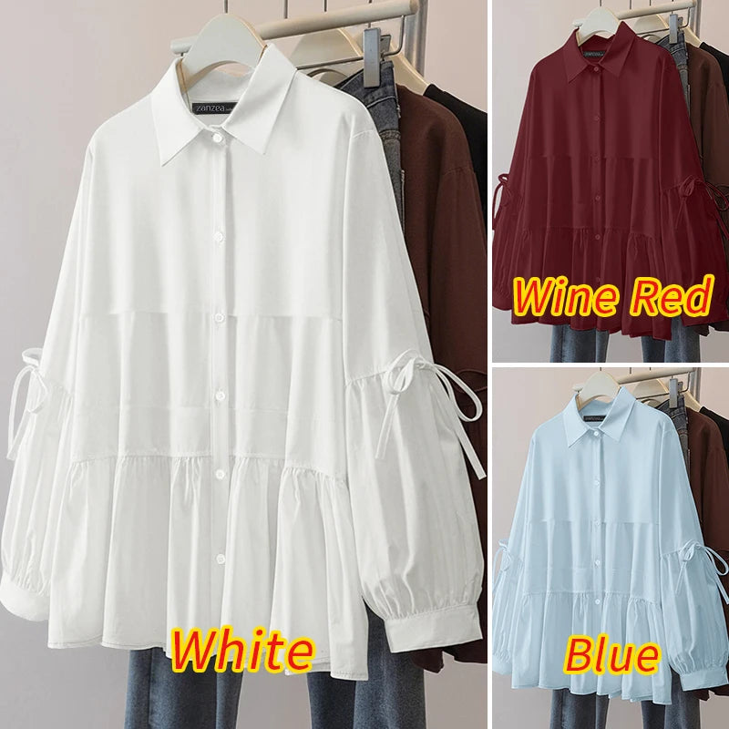 2025 Autumn Blouse ZANZEA Office Women Shirt Spring Elegant Lapel Neck Long Sleeve Tops Solid Button Up Blusas Lace-Up Chemise