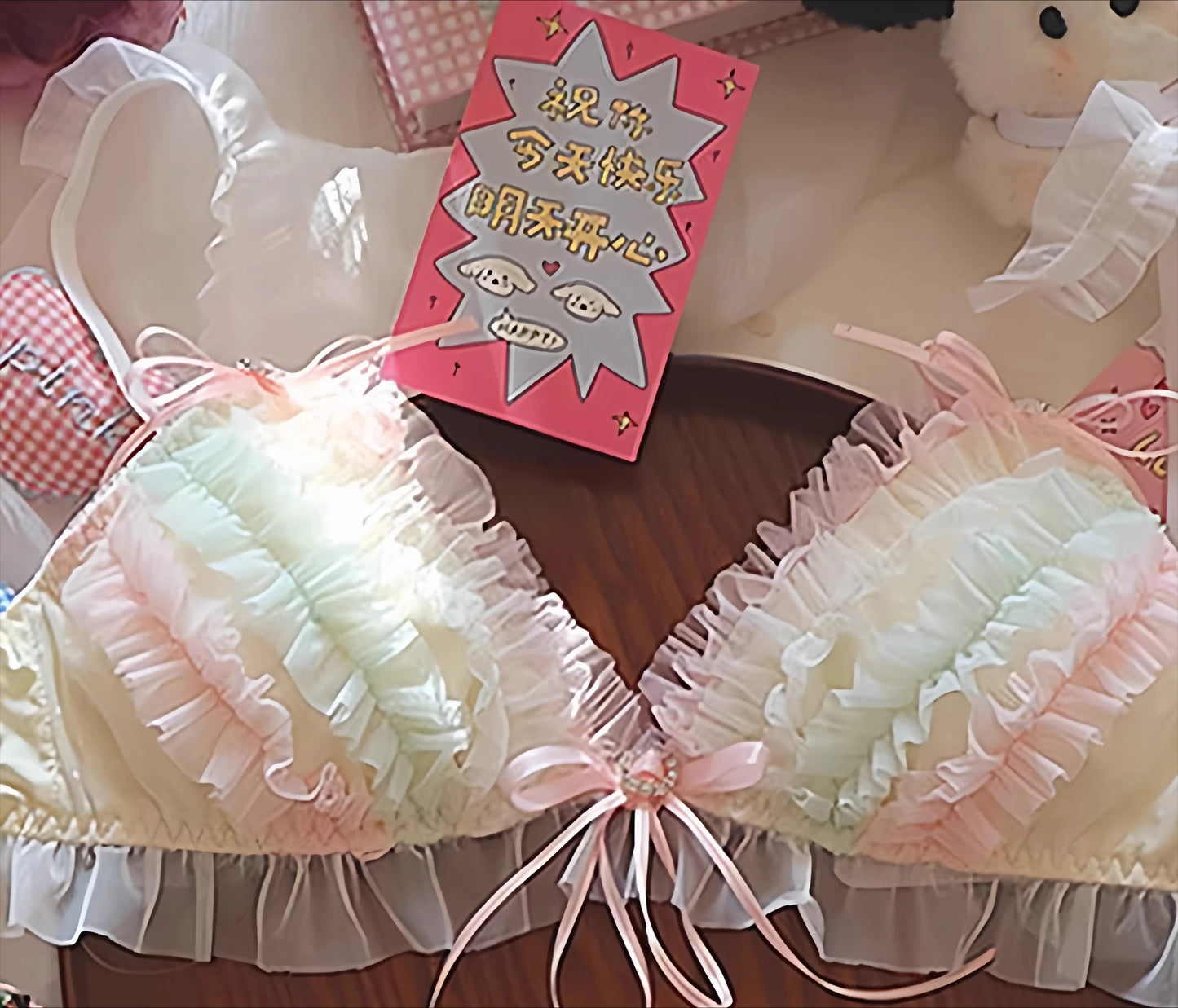 Japan Style Cream Ice Cream Bra Set Wireless Lace Trim Sweet Teen Girl Heart Cake Layer Soft Sexy Daily Lingerie Hot New Trend