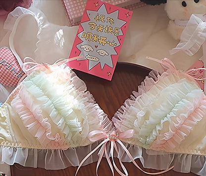 Japan Style Cream Ice Cream Bra Set Wireless Lace Trim Sweet Teen Girl Heart Cake Layer Soft Sexy Daily Lingerie Hot New Trend