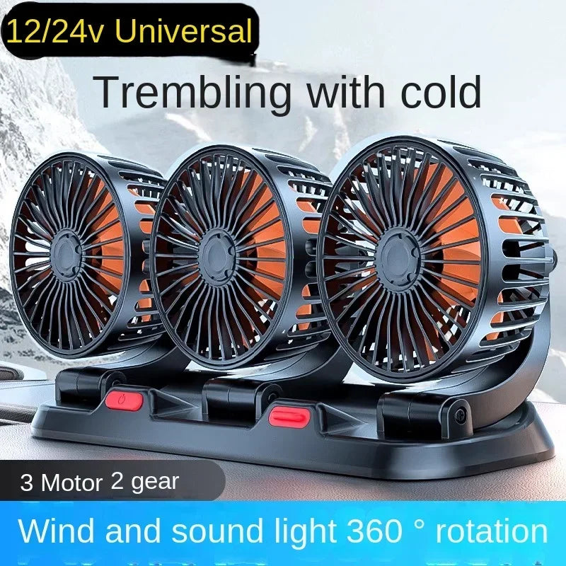 3 Heads Car Fan 360° Adjustable Cooling Fan USB/12V/24V Car Electric Fan 2 Speed Silent Cooler for Dashboard RV Truck SUV