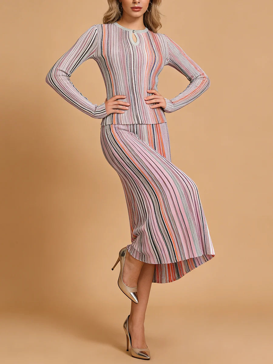 VGH Elegant Stylish Striped Knit Two Piece Set for Women Slimming Long Sleeve Pullovers Pleated Skirt Outfit for Cocktail Events