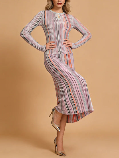 VGH Elegant Stylish Striped Knit Two Piece Set for Women Slimming Long Sleeve Pullovers Pleated Skirt Outfit for Cocktail Events