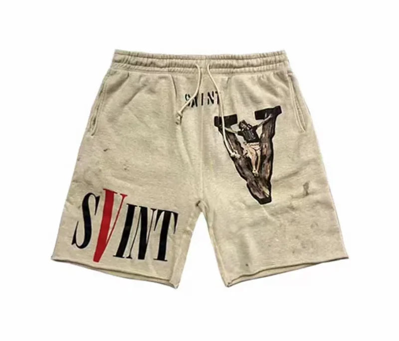 Summer Washed Sain Letters Printed Street Casual Shorts Men Women High Quality 1:1 Drawstring Breeches Sweatpants