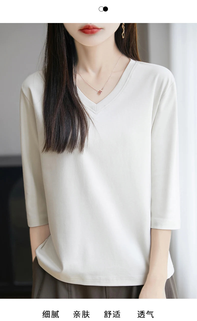 Spring And Summer New White Mercerized Cotton Cropped Sleeve T-shirt Feminine Joker 100% Cotton Bottoming Shirt Half Sleeve