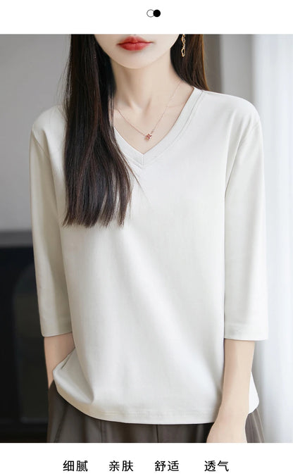 Spring And Summer New White Mercerized Cotton Cropped Sleeve T-shirt Feminine Joker 100% Cotton Bottoming Shirt Half Sleeve