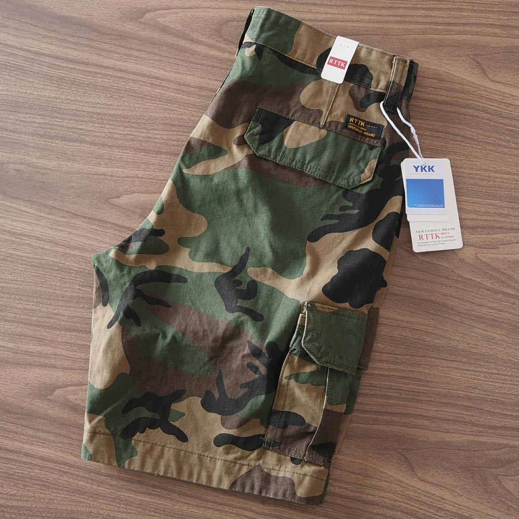 Summer New American Retro Camouflage Multi-pocket Casual Cargo Shorts Men's 100% Cotton Washed Youth Sports Knee Length Pants