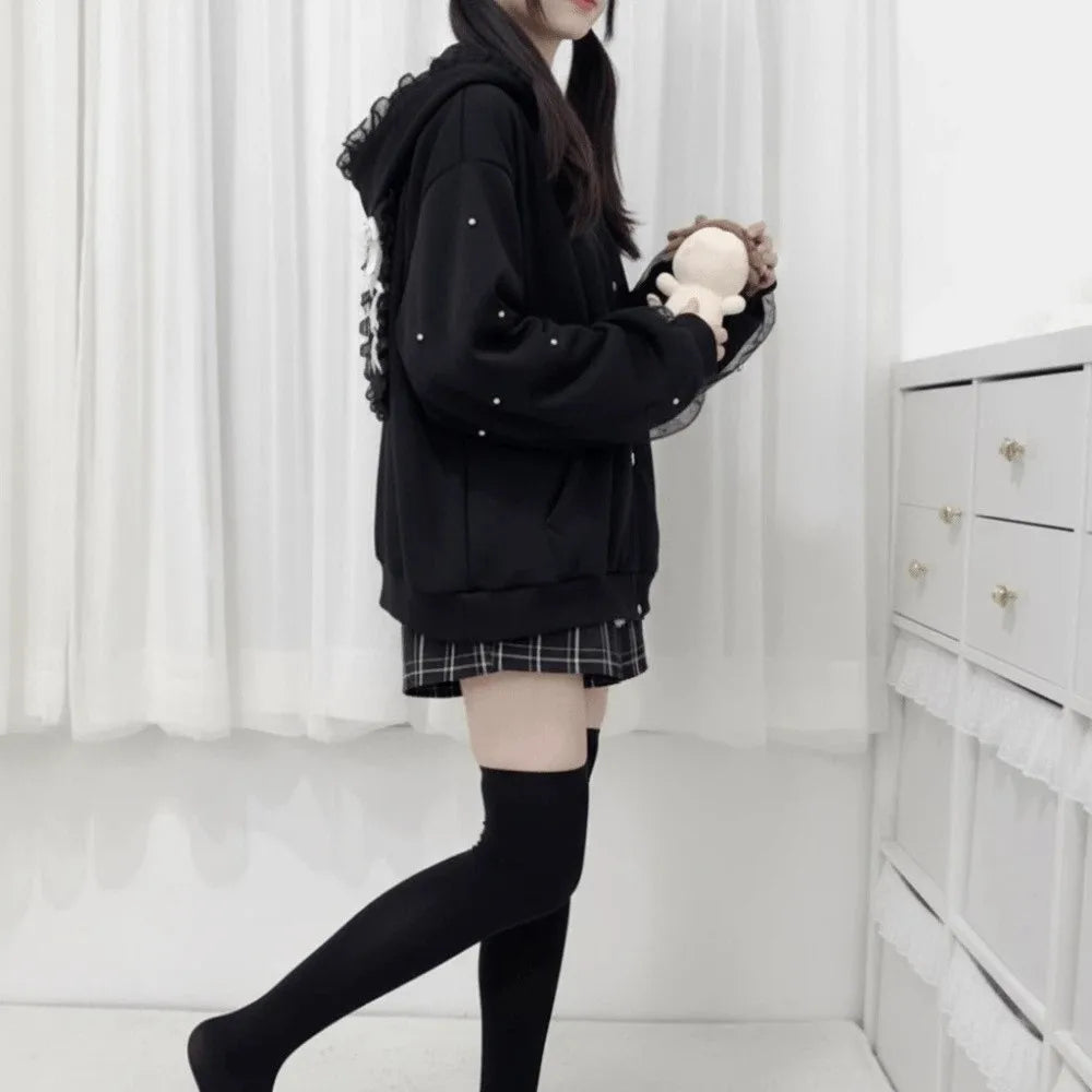 Long Sleeve Strapped Rabbit Ear Hoodie Thick Warm Lolita JK Cardigans Women Y2K Ladies Top Winter Autumn Lace Bow Coats Female