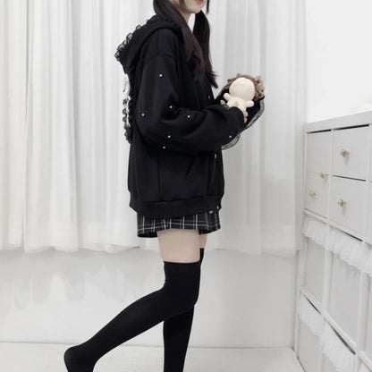 Long Sleeve Strapped Rabbit Ear Hoodie Thick Warm Lolita JK Cardigans Women Y2K Ladies Top Winter Autumn Lace Bow Coats Female