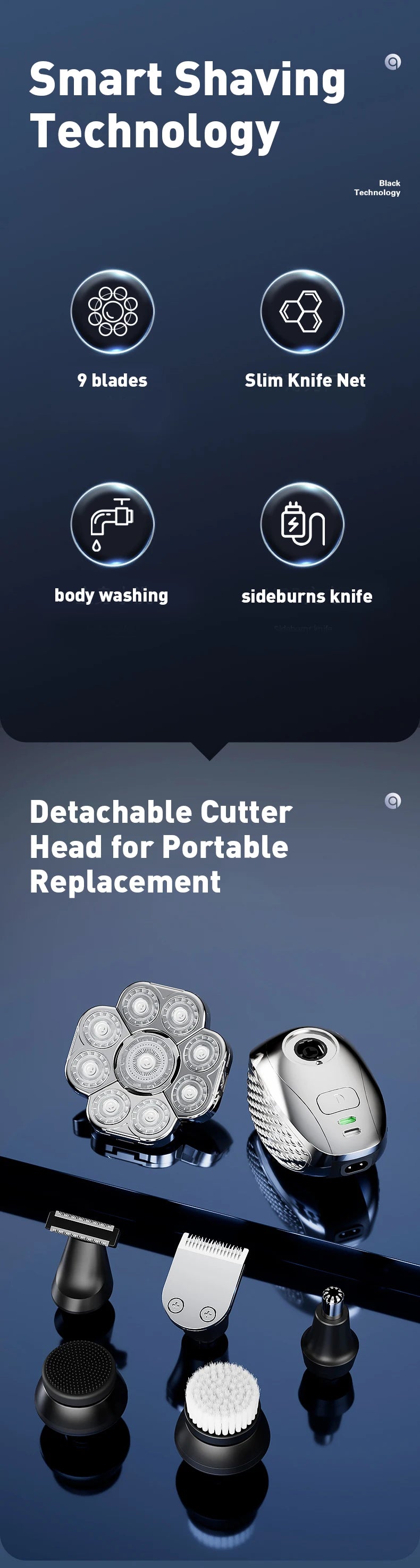 Men's Bald Head Electric Shaver 9 Blades Floating 6In1 Heads Beard Nose Ear Hair Trimmer Clipper Facial Brush Rechargeable Razor