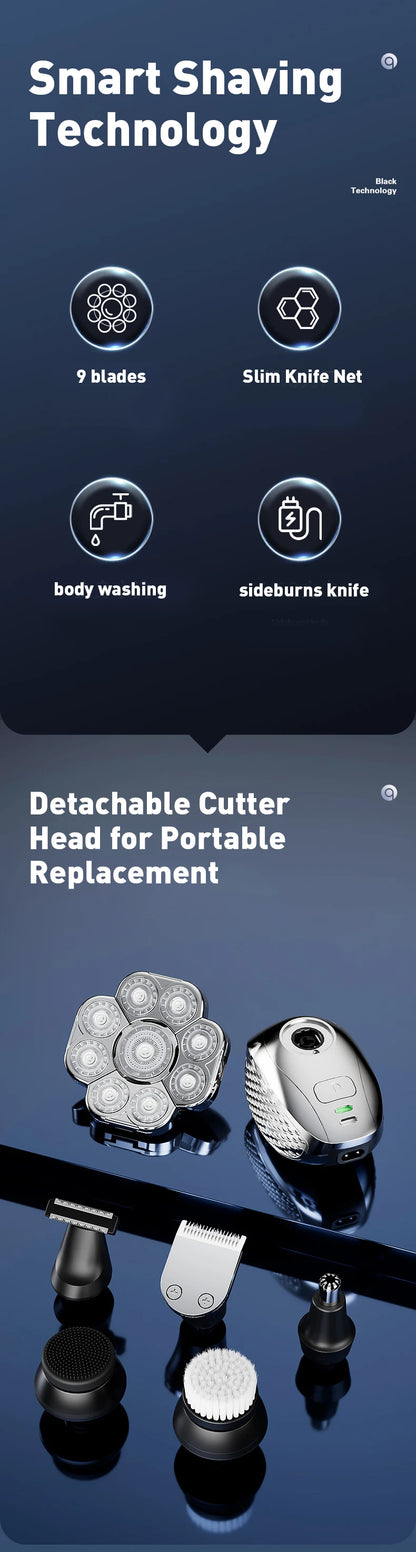 Men's Bald Head Electric Shaver 9 Blades Floating 6In1 Heads Beard Nose Ear Hair Trimmer Clipper Facial Brush Rechargeable Razor