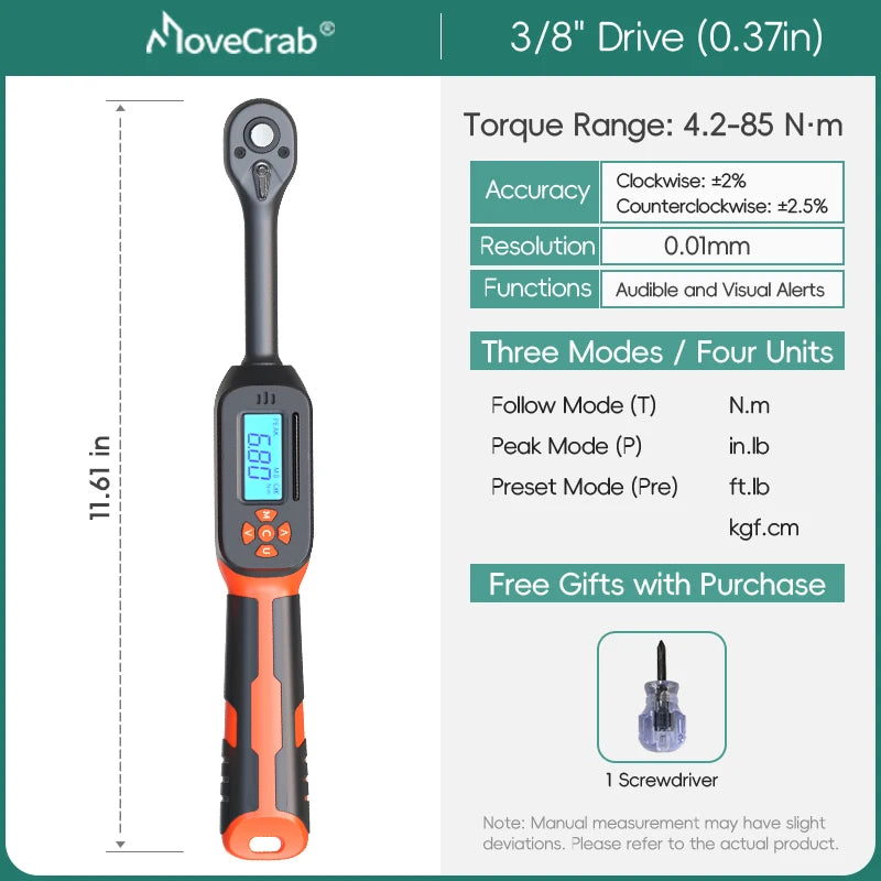 MOVECRAB Digital Torque Wrench 0.6-340N.m 2% Accuracy Preset & LED/Buzzer Alerts for Bike Motorcycles Automotive Mechanical Tool
