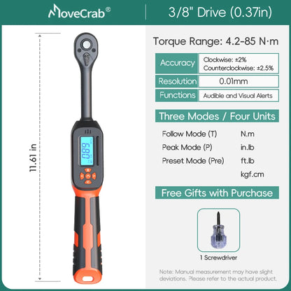 MOVECRAB Digital Torque Wrench 0.6-340N.m 2% Accuracy Preset & LED/Buzzer Alerts for Bike Motorcycles Automotive Mechanical Tool