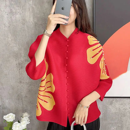 Women's Clothing Miyake Pleats Fashion Cardigan Top Summer Style Loose Fit Batwing Sleeves Printed Shirt Winter Clothes Women