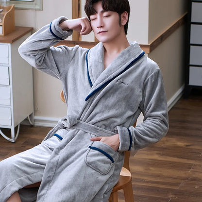 Thiened Coral Fce Men's Batobe Winter Pyjamas Flannel Robe Large Size Morning Robe Fce Home Clothes Polyester Fiber