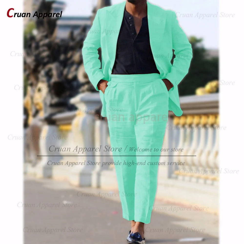 Classic Summer Linen Suit Sets For Men Smart Casual Blazer And Pants 2 Pieces Formal Evening  Fashion Slim Fit Suit Attire