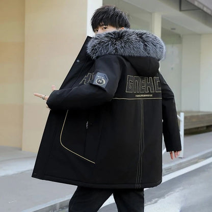 Men's Premium Hooded Long Coat Autumn Winter New Heavyweight Fleece Lined Warm Jacket Thickened Thermal Layering Design