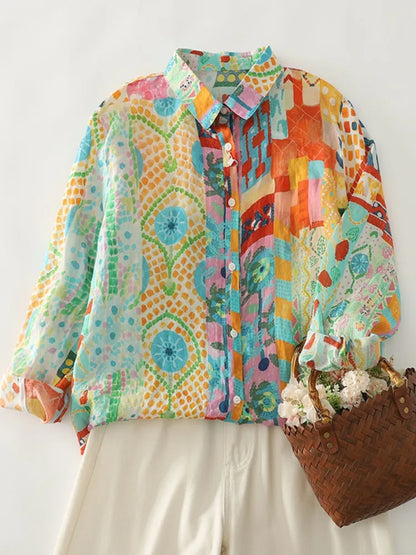 Loose Long Sleeve Linen Shirt Women Spring Thin Breathable Cotton Linen Print Casual Turn-down Collar Top Artistic Style