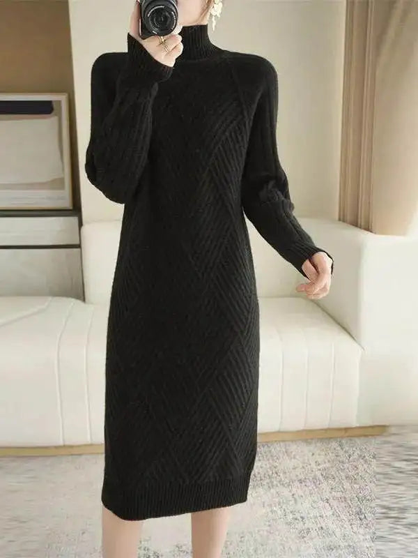 Thickened Winter Knitted Dress Women's Midi Knee-length Loose High-neck Fashionable Base Layer Dress Pure Color Long Sleeve