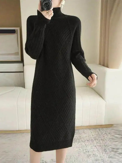 Thickened Winter Knitted Dress Women's Midi Knee-length Loose High-neck Fashionable Base Layer Dress Pure Color Long Sleeve