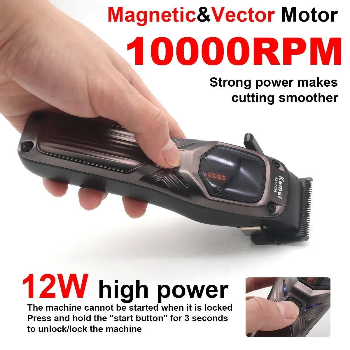 KEMEI KM-1726 Professional Hair Clipper for Men with DLC Blade 10000RPM Magnetic Vector Motor Men's Haircut Machine Barber Shop
