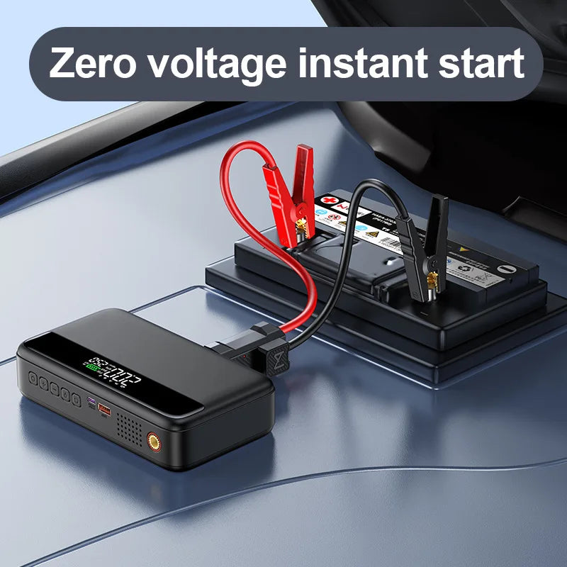 10000 mAh Car Battery Starter&Tire Inflator 12V Booster 65W Fast Charging Emergency Jump Starter LED Light Powerbank Compressor