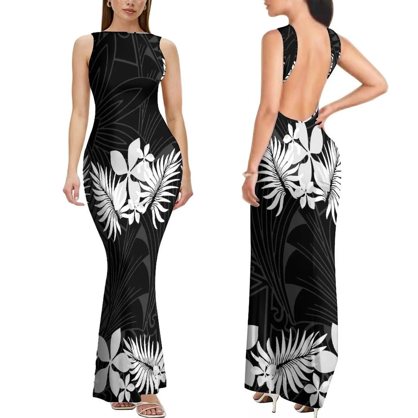 Dropshipping Custom Retro Style Design Elegant Ladies Club Dress Hawaiian Print Sleeveless Backless Dress New Zealand Prom Dress