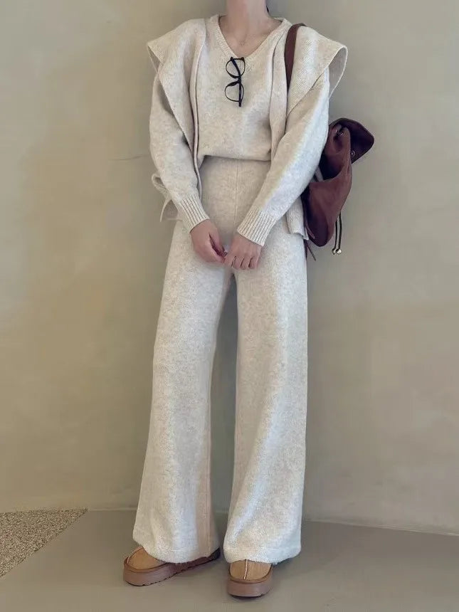 Loose V-neck Knitwear Women's Fashion Sweater Small Shoulder Drape Wide Leg Pants Autumn Three-piece Set Korean Style