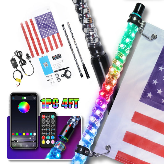 BEVINSEE 1PC 4FT Splitable LED Whip Light APP Remote Chasing Lighting for UTV ATV Polaris RZR Can-Am Maverick X3 Offroad Buggy
