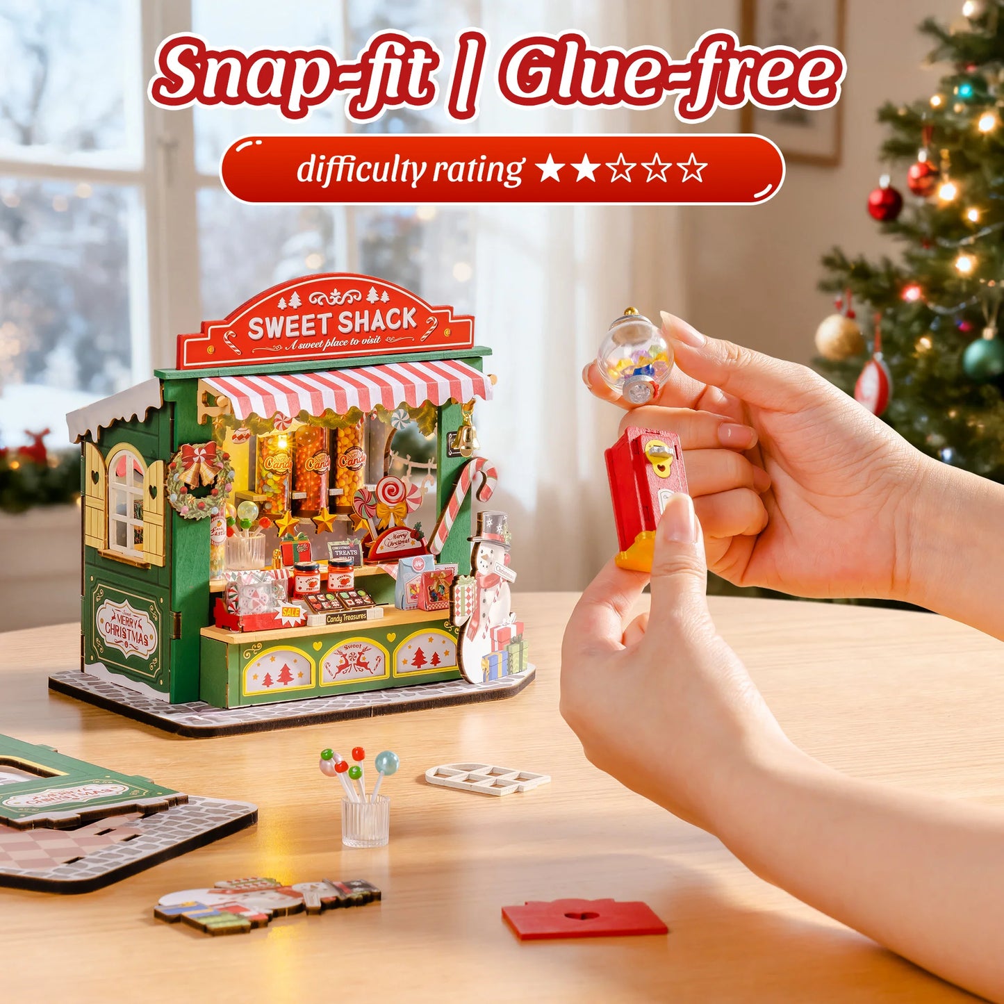 Rolife DIY Miniature House Kit Christmas Candy Stand Dollhouse Model Building Kit Wooden 3D Puzzle Toy Christmas Gift for Adults