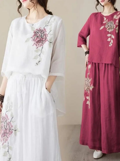 plus Size Women's Retro Cotton Linen Set Wide Leg Pants Slimming Mom Two Piece Suit Spring Fashion Korean Style Commute Wear