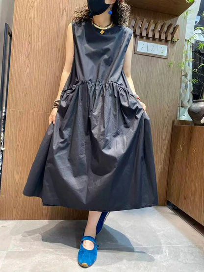 Minimalist Style Pleated Sleeveless Dress Women Black Waist-cinching Casual Long Dress Black XY335