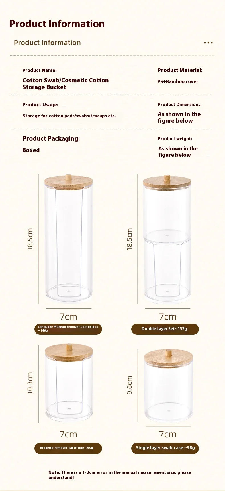 1pcs Cotton Swab Storage Box Acrylic Jar Makeup Organizer, Cotton Round Pad Holder, Q-tip Dispenser with Bamboo Lid
