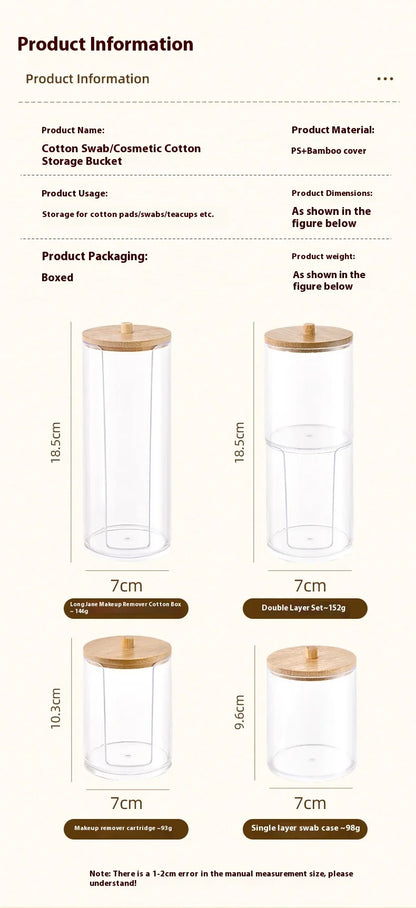 1pcs Cotton Swab Storage Box Acrylic Jar Makeup Organizer, Cotton Round Pad Holder, Q-tip Dispenser with Bamboo Lid