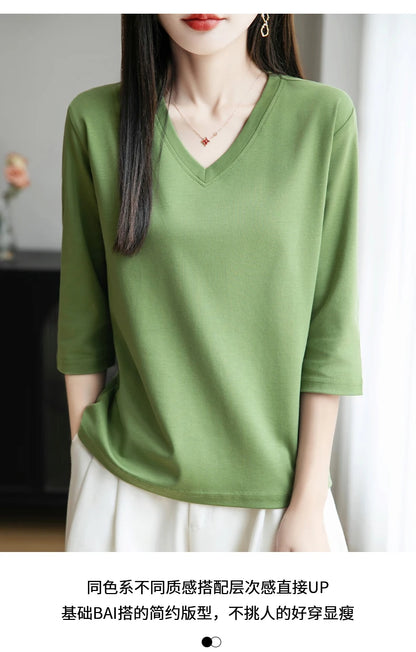 Spring And Summer New White Mercerized Cotton Cropped Sleeve T-shirt Feminine Joker 100% Cotton Bottoming Shirt Half Sleeve
