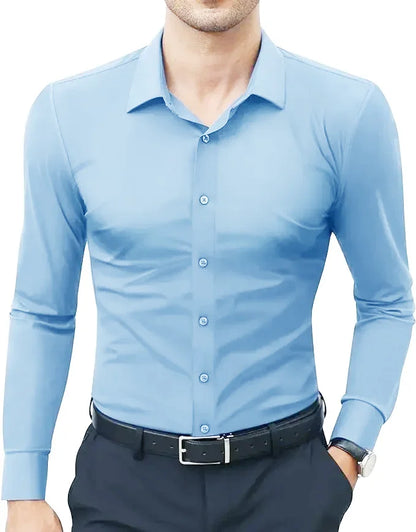 50-130KG non-ironing four-sided elastic men's shirt fashion business dress casual men's long-sleeved solid color shirt