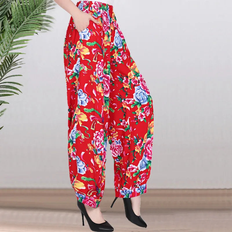 High Waist Lantern Pants Casual Cotton Silk Large Size Printed Long Trousers for Middle-Aged And Elderly Women