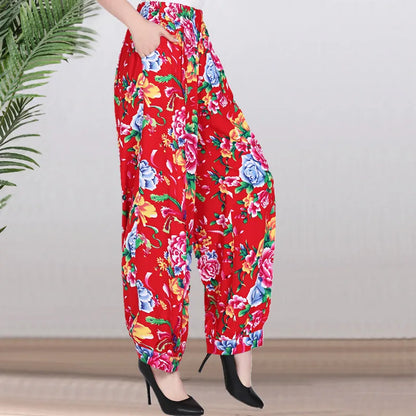 High Waist Lantern Pants Casual Cotton Silk Large Size Printed Long Trousers for Middle-Aged And Elderly Women