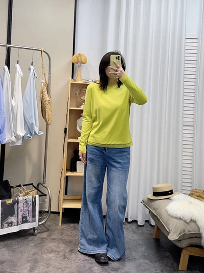 Spring New plus Size round Neck Mesh Splice Loose Long Sleeve Base Shirt Women Fat MM Slimming Belly Cover Simple T-shirt