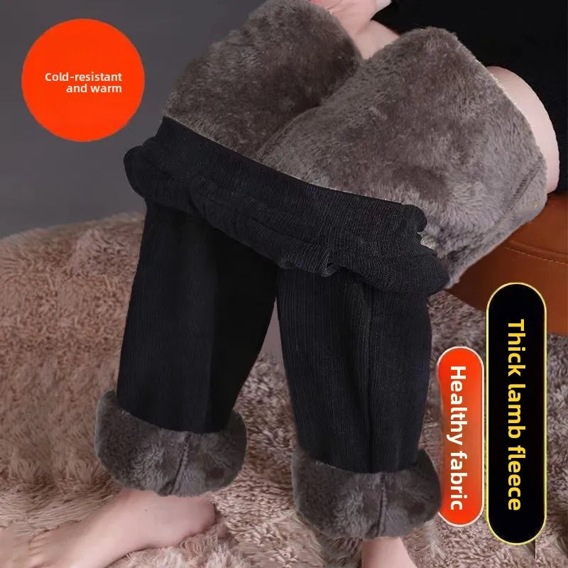 Women's Autumn Winter Thickened Corduroy Straight Leg Pants High Waist Elastic Closure Warm Casual Trousers Fashionable