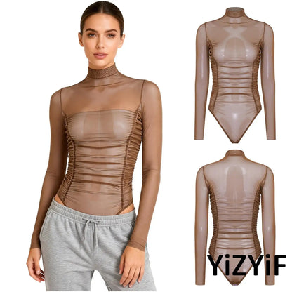 Womens Nightclub Beach Bodysuit Sheer Mesh Side Ruched High Collar Long Sleeve Button Crotch Leotard See Through Cover Up Outfit