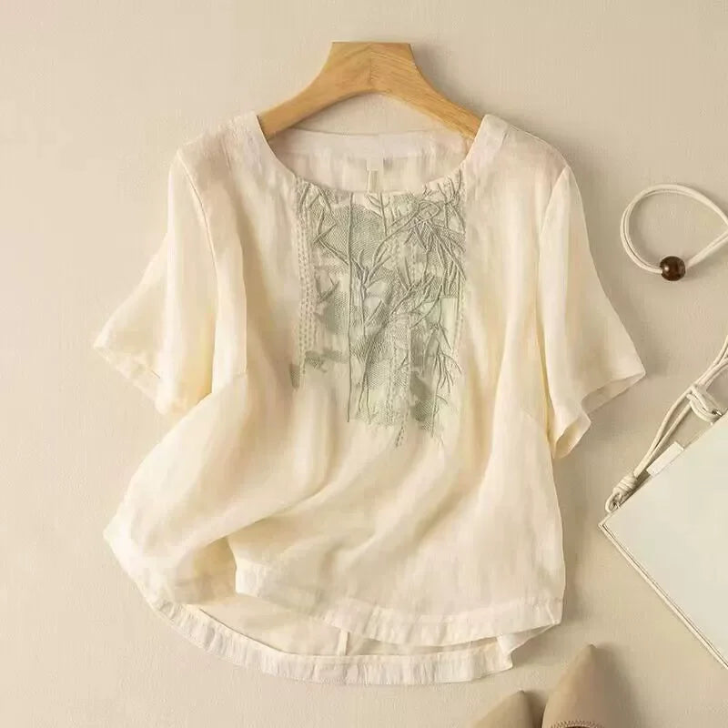 Fashion Thin Cotton Linen Y2k Tops Tee Women Clothing Summer Loose T Shirts Woman Embroidered T-shirt Blusa Casual Ladies tshirt