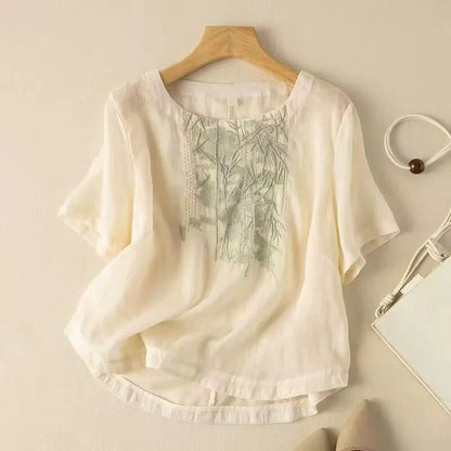 Fashion Thin Cotton Linen Y2k Tops Tee Women Clothing Summer Loose T Shirts Woman Embroidered T-shirt Blusa Casual Ladies tshirt